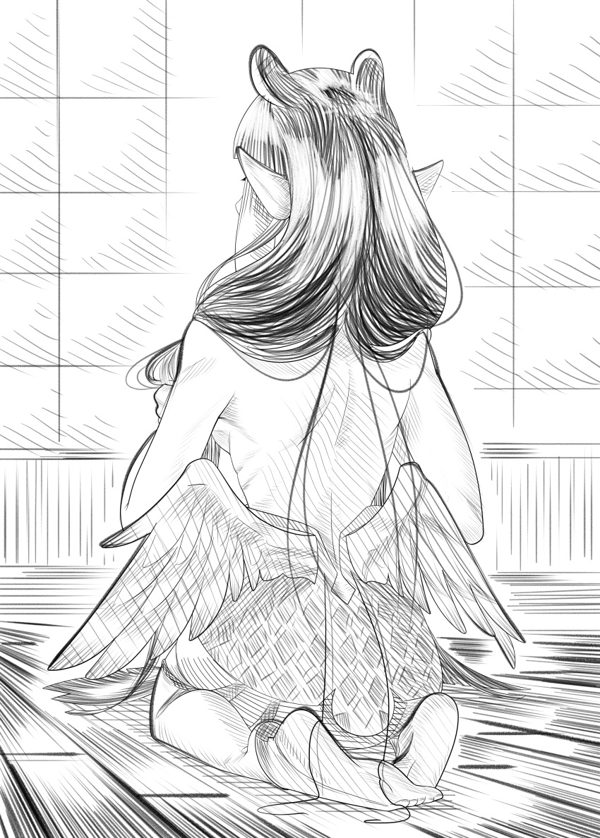 1girl absurdres athies backless_dress backless_outfit barefoot breasts dress english_commentary greyscale hair_behind_ear highres holding holding_hair hololive hololive_english long_hair monochrome ninomae_ina'nis pointy_ears seiza sideboob single_thighhigh sitting sketch soles solo thigh-highs topless very_long_hair virtual_youtuber