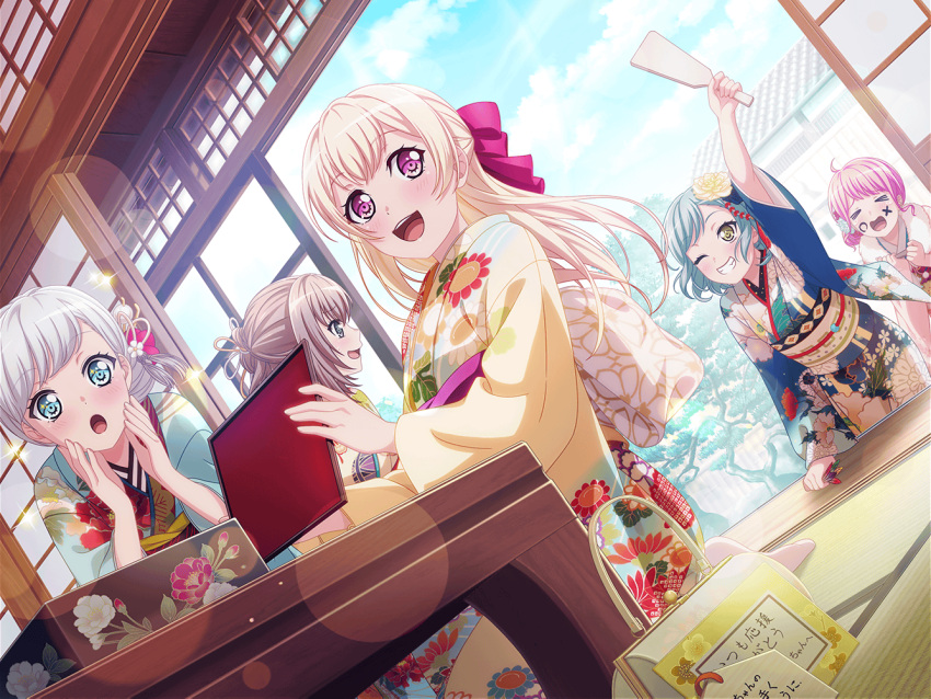 bang_dream! blonde_hair blush kimono long_hair official_art pink_eyes shirasagi_chisato smile