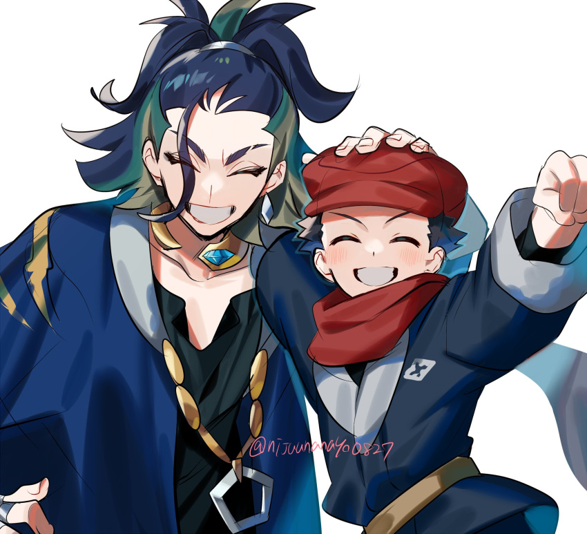 2boys adaman_(pokemon) bangs black_hair black_shirt blue_coat blue_hair clenched_hand closed_eyes coat collar collarbone commentary_request eyebrow_cut green_hair grey_jacket grin hand_on_another's_head hand_up hat highres jacket male_focus miyukiyo multicolored_hair multiple_boys outstretched_arm pokemon pokemon_(game) pokemon_legends:_arceus red_headwear rei_(pokemon) shirt short_hair simple_background smile teeth tied_hair twitter_username white_background