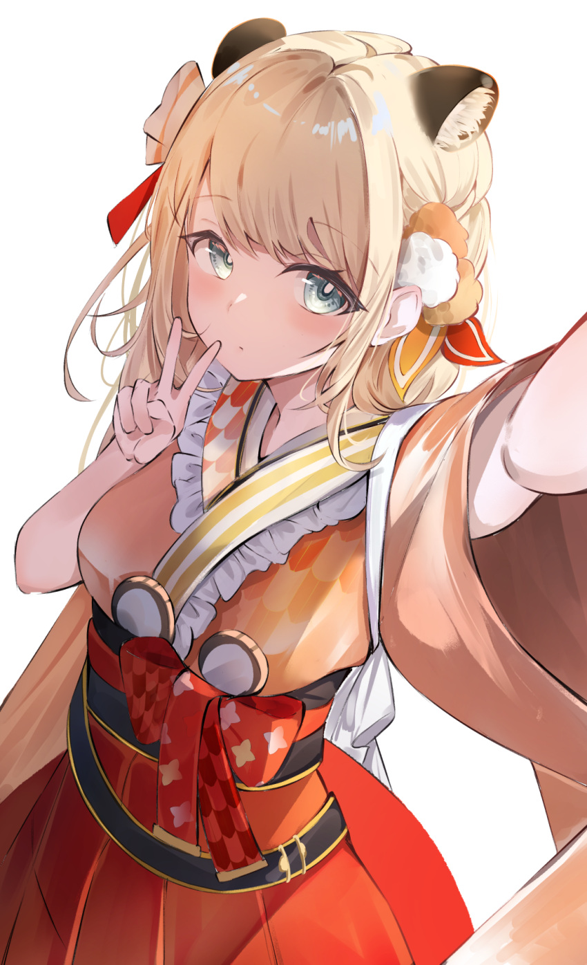 1girl animal_ears bangs blonde_hair blue_eyes breasts commentary_request eyebrows_visible_through_hair frilled_kimono frills hair_ornament highres hololive japanese_clothes kazama_iroha kimono long_hair looking_at_viewer medium_breasts obi orange_kimono runep sash selfie short_hair simple_background solo v virtual_youtuber white_background wide_sleeves