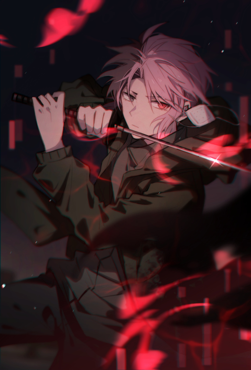 1boy black_pants chinese_commentary chromatic_aberration closed_mouth eyepatch green_jacket grey_shirt heterochromia highres holding holding_sword holding_weapon hood hood_down hooded_jacket jacket light_particles long_sleeves medical_eyepatch multicolored_hair mutsushika_misumi pants pollity saibou_shinkyoku shirt short_hair solo sword two-handed two-tone_hair weapon white_eyepatch