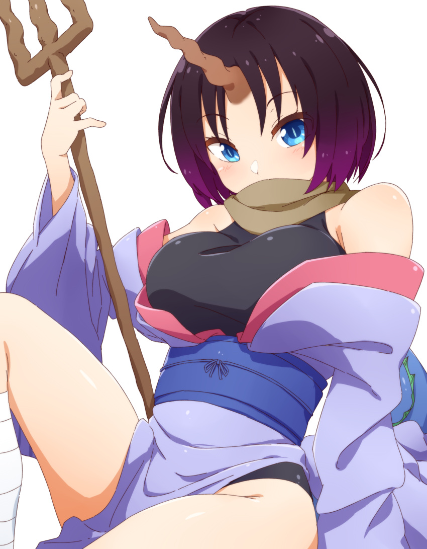 1girl absurdres alternate_hairstyle black_leotard blue_eyes breasts covered_mouth dragon_girl dragon_horns elma_(maidragon) highleg highleg_leotard highres holding holding_trident horns japanese_clothes kimono knee_up kobayashi-san_chi_no_maidragon large_breasts leotard leotard_under_clothes long_hair looking_at_viewer off_shoulder polearm purple_kimono sash scarf sideboob simple_background single_horn smile solo staff standing straight_hair trident weapon white_background yaaben
