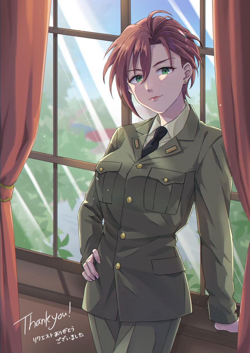 1girl arm_support bangs brown_hair buttoned_up buttons circuit58 clear_sky collared_jacket collared_shirt curtains earrings ears eyebrows eyebrows_visible_through_hair eyelashes female_admiral_(kancolle) green_eyes green_jacket green_pants hand_on_hip hands highres house idolmaster idolmaster_cinderella_girls indoors jacket jewelry kantai_collection kiba_manami leaf leaning_on_object lips long_sleeves looking_at_viewer medal military military_jacket military_uniform necktie nose pants pocket reverse_trap shirt short_hair sky smile solo star_(symbol) suit_jacket tree uniform window windowsill wrinkled_fabric