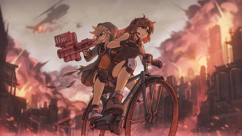 2girls aircraft bangs belt bicycle blonde_hair boots breasts brown_eyes brown_footwear brown_gloves brown_shorts city explosion gloves ground_vehicle hair_ornament hairclip helicopter highres holding holding_weapon long_sleeves multiple_girls multiple_riders open_clothes open_mouth original riding rocket_launcher shoes short_hair short_shorts shorts signature sleeveless small_breasts smoke sneakers socks weapon white_footwear zhaoyuan_pan