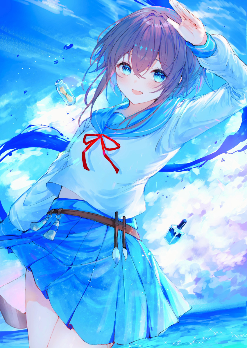 1girl :d absurdres arm_up bangs blue_eyes blue_sailor_collar blue_skirt blue_sky blush borrowed_character bottle brown_hair clouds cloudy_sky commentary_request day eyebrows_visible_through_hair hair_between_eyes highres horizon long_sleeves looking_at_viewer neck_ribbon noyu_(noyu23386566) ocean original outdoors paint_tube paintbrush pleated_skirt red_ribbon ribbon sailor_collar school_uniform serafuku shirt skirt sky smile solo water white_shirt