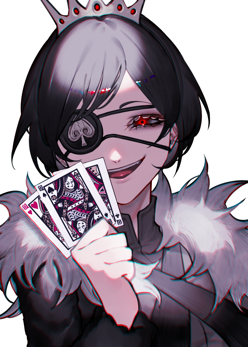 1girl absurdres bangs black_clover black_hair blurry breasts brown_vest card chest_harness chromatic_aberration depth_of_field eyepatch frit_2 fur_collar fur_trim gem grin hand_up harness high_collar highres holding holding_card insignia jacket long_bangs long_eyelashes looking_at_viewer mandarin_collar narrowed_eyes one_eye_covered open_clothes open_jacket open_mouth parted_bangs playing_card queen_of_clubs queen_of_hearts_(card) queen_of_spades red_eyes short_hair simple_background smile soft_focus solo spade_(shape) spotlight teeth tiara tongue tongue_out upper_body upper_teeth vanica_zogratis vest