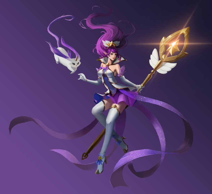 absurdres bangs bare_shoulders blue_eyes breasts dress duoduo_luo_di_guowang elbow_gloves gloves gradient gradient_background hair_ornament high_heels highres holding holding_staff janna_(league_of_legends) large_breasts league_of_legends long_hair magical_girl official_alternate_costume pointy_ears purple_dress purple_hair staff star_(symbol) star_guardian_(league_of_legends) star_guardian_janna thigh-highs white_dress white_legwear