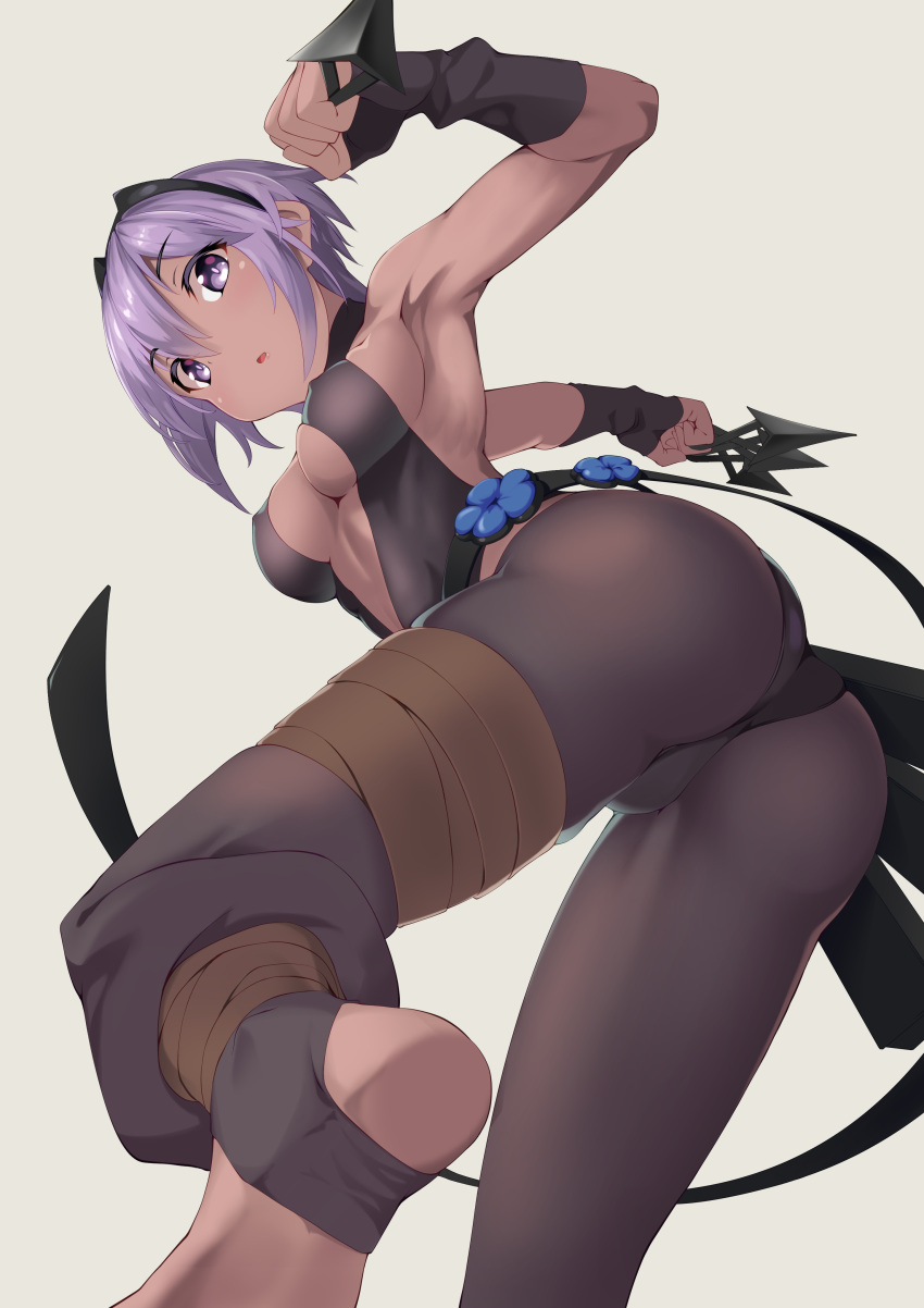 1girl absurdres armpits ass bangs bare_shoulders black_gloves black_hairband black_leotard breasts center_opening dark-skinned_female dark_skin fate/prototype fate/prototype:_fragments_of_blue_and_silver fate_(series) fingerless_gloves gloves hairband hassan_of_serenity_(fate) highres knife leggings leotard looking_at_viewer medium_breasts parted_lips purple_hair short_hair sidelocks violet_eyes yamachi_(xadp7533)