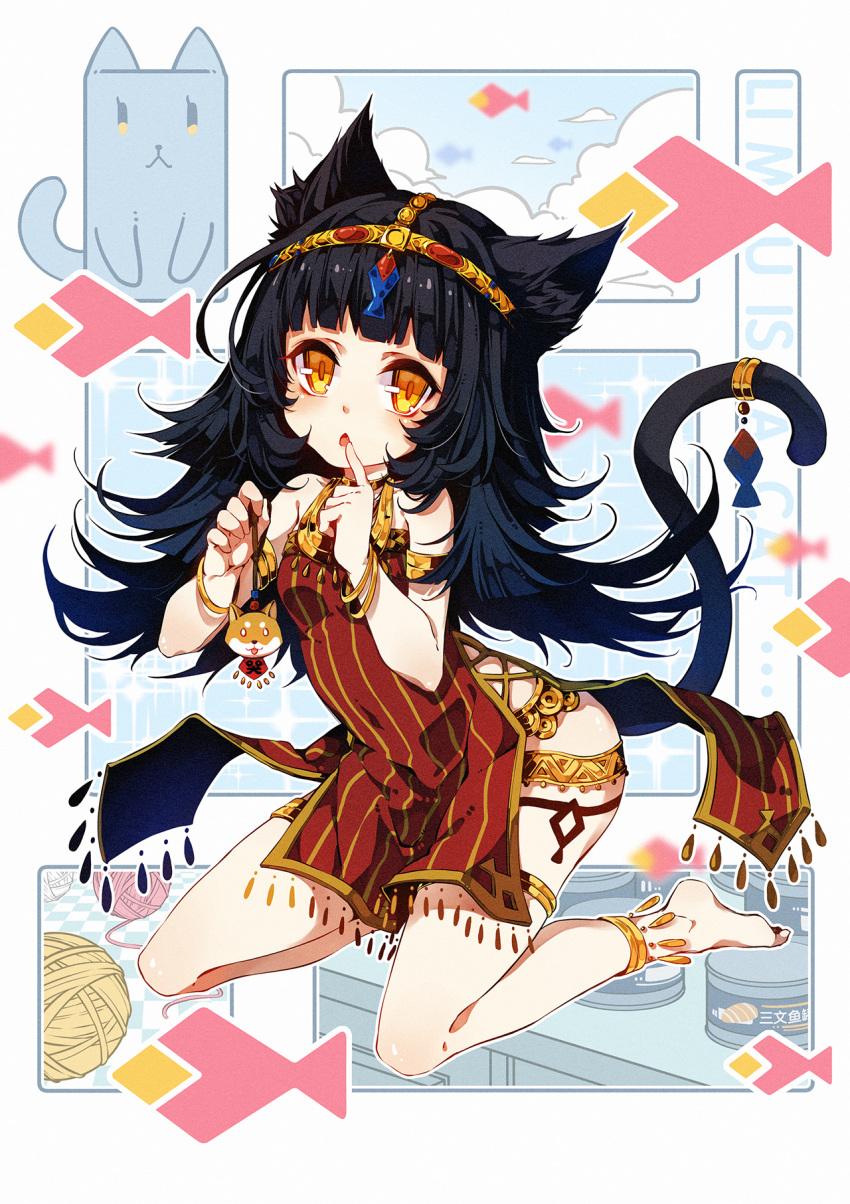 1girl :o animal_ear_fluff animal_ears anklet bangs bare_shoulders barefoot black_hair blunt_bangs bracelet cat_ears cat_girl cat_tail china_dress chinese_clothes dress finger_to_mouth full_body gold_trim hands_up highres jewelry kneeling long_hair looking_at_viewer necklace no_panties open_mouth original red_dress short_dress side_slit sleeveless solo suaynnai_wanzi tail tail_raised yellow_eyes