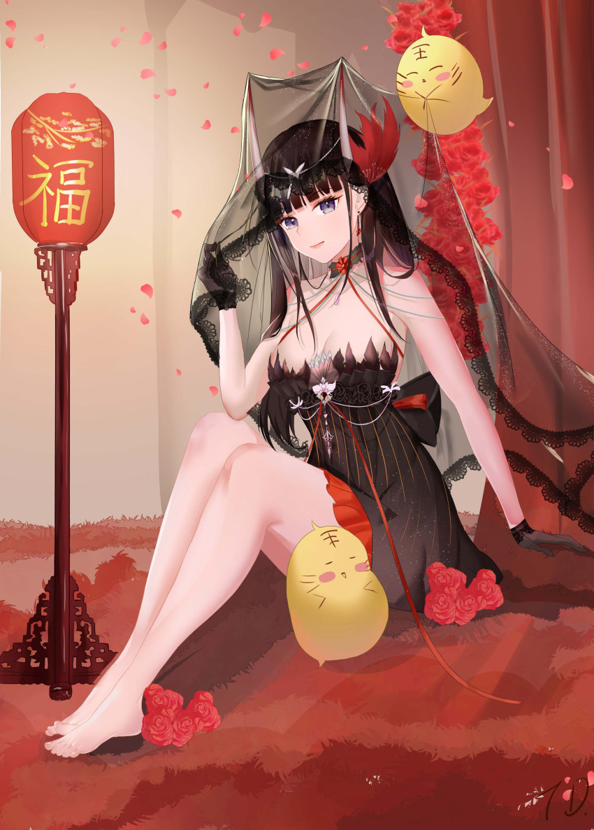 1girl absurdres azur_lane barefoot black_dress black_gloves black_hair black_veil breasts collar dress earrings feather_hair_ornament feathers flower frilled_collar frills full_body gloves hair_ornament highres horns jewelry lace-trimmed_veil lace_trim long_hair looking_at_viewer manjuu_(azur_lane) medium_breasts nanoda002_(saber427) nontraditional_wedding_dress noshiro_(a_tale_of_two_lovers)_(azur_lane) noshiro_(azur_lane) official_alternate_costume oni_horns red_flower short_dress sitting sleeveless sleeveless_dress violet_eyes