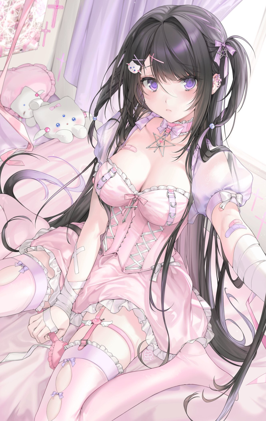 1girl bandaged_arm bandaged_hand bandages bandaid bandaid_on_arm bandaid_on_breast bangs between_legs black_hair blush breasts choker curtains dress eyebrows_visible_through_hair frilled_choker frilled_dress frilled_legwear frills garter_straps hair_ornament hair_ribbon hand_between_legs highres indoors long_hair looking_at_viewer medium_breasts no_shoes on_bed original pink_choker pink_dress pink_lips puffy_short_sleeves puffy_sleeves purple_ribbon ribbon short_sleeves sitting sitting_on_bed solo thigh-highs two_side_up unxi very_long_hair violet_eyes wariza x_hair_ornament