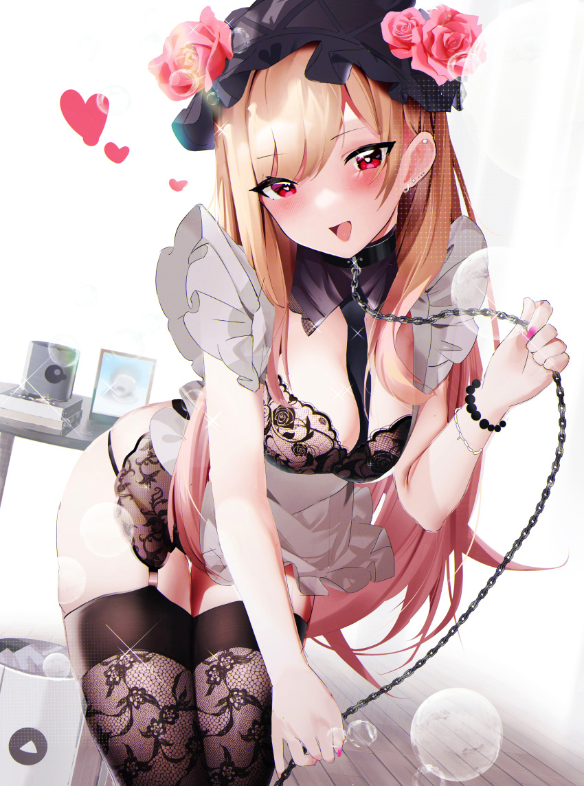 1girl :d absurdres apron bangs bead_necklace beads between_breasts black_bra black_collar black_headwear black_legwear blonde_hair bra breasts bubble chain chain_leash collar detached_collar ear_piercing earrings fantongjun flower frills garter_belt gradient_hair gyaru hat hat_flower heart heart-shaped_pupils highres holding holding_chain holding_leash jewelry kitagawa_marin lace lace_bra lace_legwear leash long_hair looking_at_viewer medium_breasts multicolored_hair necklace no_nose open_mouth piercing pink_flower pink_hair pink_nails pink_rose red_eyes rose smile solo sono_bisque_doll_wa_koi_wo_suru swept_bangs symbol-shaped_pupils tablet_pc thigh-highs underwear very_long_hair
