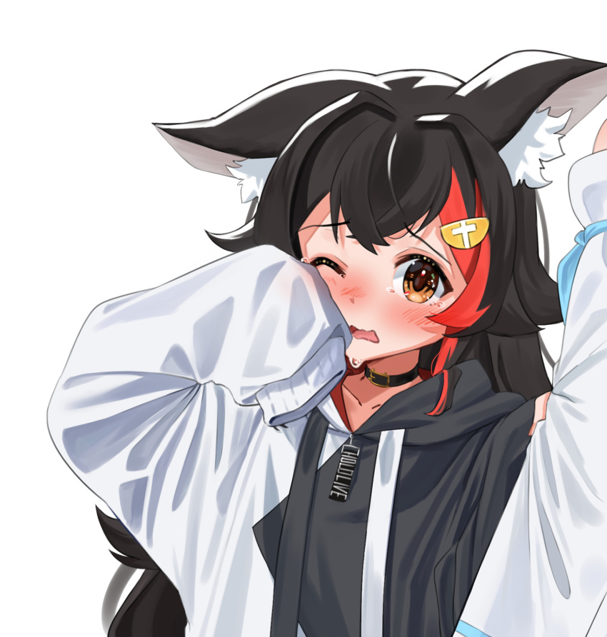 1girl animal_ear_fluff animal_ears bangs black_choker black_hair blush brown_eyes choker commentary_request daichi_(daichi_catcat) drawstring hair_ornament hairclip highres hololive hood hood_down long_hair long_sleeves looking_at_viewer multicolored_hair one_eye_closed ookami_mio open_mouth redhead simple_background sleeves_past_fingers sleeves_past_wrists solo streaked_hair two-tone_hoodie upper_body virtual_youtuber white_background wolf_ears