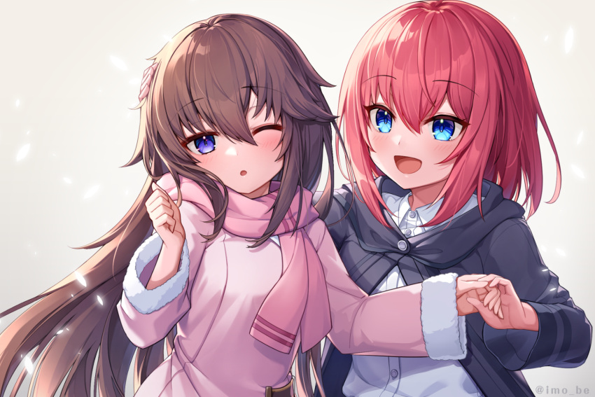 2girls :d ;o bangs black_jacket blue_eyes blush brown_hair collared_shirt commentary_request commission dress_shirt eyebrows_visible_through_hair fur-trimmed_sleeves fur_trim hair_between_eyes hand_on_another's_head highres hood hood_down hooded_jacket jacket long_hair long_sleeves multiple_girls one_eye_closed open_clothes open_jacket original parted_lips pink_jacket pink_scarf redhead satsuma_imohen scarf shirt skeb_commission sleeves_past_wrists smile twitter_username upper_body very_long_hair white_shirt