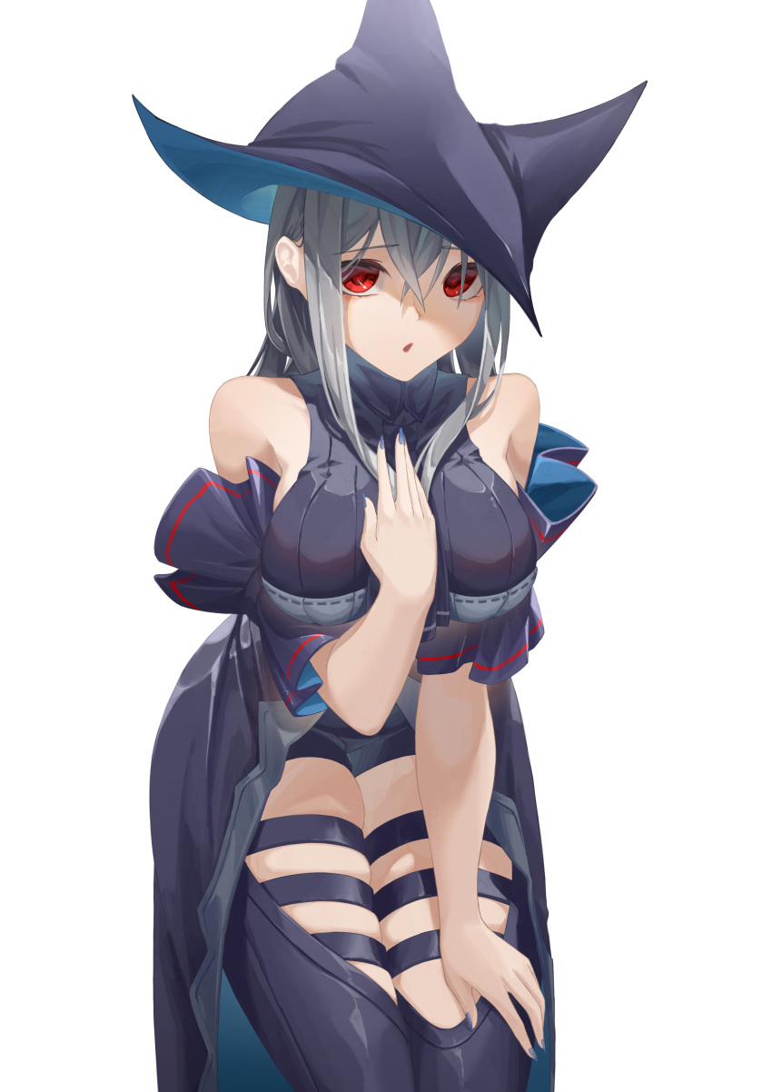 1girl :o absurdres arknights bangs bare_shoulders black_headwear black_pants blue_nails breasts clothing_cutout cowboy_shot detached_sleeves eyebrows_visible_through_hair hair_between_eyes hand_on_own_chest hand_on_own_thigh highres large_breasts leaning_forward long_hair nail_polish open_mouth pants red_eyes short_sleeves silver_hair simple_background skadi_(arknights) solo thigh_cutout very_long_hair white_background yueyue_no_hand