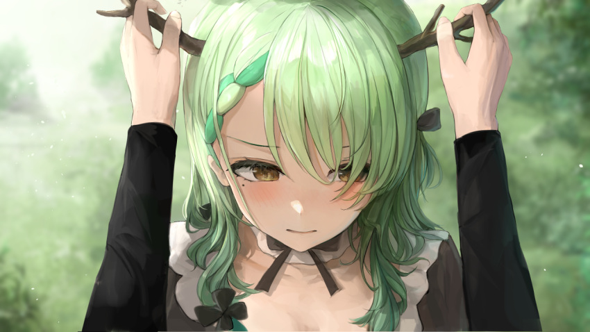 1girl alternate_costume antlers asymmetrical_hair black_dress black_ribbon blurry blurry_background blush braid ceres_fauna chan1moon commentary day detached_collar dress embarrassed english_commentary eyebrows_visible_through_hair eyelashes french_braid green_hair hair_between_eyes hololive hololive_english light_green_hair long_hair looking_away looking_to_the_side mole mole_under_eye multicolored_hair neck_ribbon outdoors parted_lips portrait pov ribbon single_braid solo_focus streaked_hair two-tone_hair virtual_youtuber yellow_eyes
