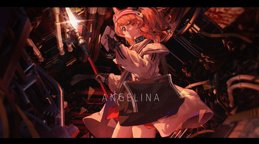 1girl angelina_(arknights) animal_ears arknights bag black_gloves brown_hair chinese_commentary collar commentary_request copyright_name cowboy_shot eason870408 english_text envelope eyebrows_behind_hair fox_ears gloves glowing hairband highres holding holding_envelope holding_staff indoors infection_monitor_(arknights) jacket light_particles long_hair machinery open_clothes open_jacket parted_lips red_eyes red_hairband shoulder_bag solo staff twintails two-tone_hairband white_jacket