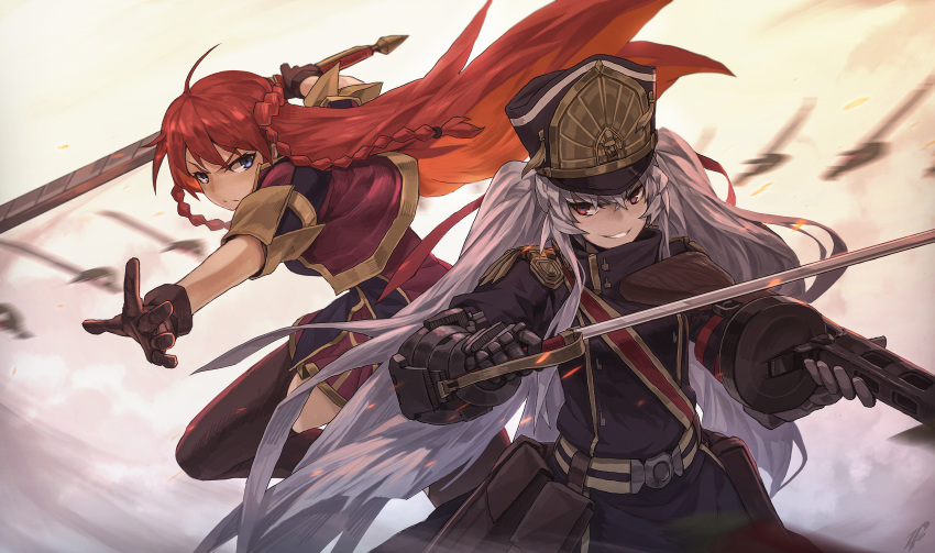 2girls ahoge altair_(re:creators) armor bangs belt blue_eyes braid brown_gloves closed_mouth embers gloves grey_hair grin gun hair_between_eyes hair_tie hat highres holding holding_gun holding_sword holding_weapon long_hair looking_at_viewer military military_uniform multiple_girls outstretched_arm photoshop_(medium) ppsh-41 re:creators red_eyes redhead revision saber_(weapon) selesia_upitiria smile submachine_gun sword thigh-highs uniform very_long_hair weapon white_background zhaoyuan_pan