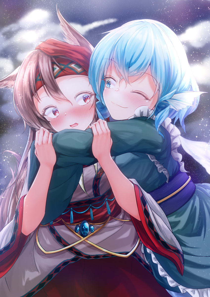 2girls absurdres alternate_costume animal_ear_fluff animal_ears arms_around_neck bangs besuteia blue_eyes blue_hair blush brown_hair clouds dress drill_hair drill_locks eyelashes fang frilled_dress frilled_kimono frills head_fins highres hug imaizumi_kagerou japanese_clothes jewelry kimono long_dress long_hair long_sleeves looking_at_another mermaid monster_girl multicolored_clothes multicolored_dress multiple_girls night night_sky obi one_eye_closed open_mouth purple_sash red_eyes sash sky smile star_(sky) starry_sky tail tooth_necklace touhou touhou_cannonball wakasagihime wide_sleeves wolf_ears wolf_girl wolf_tail yuri