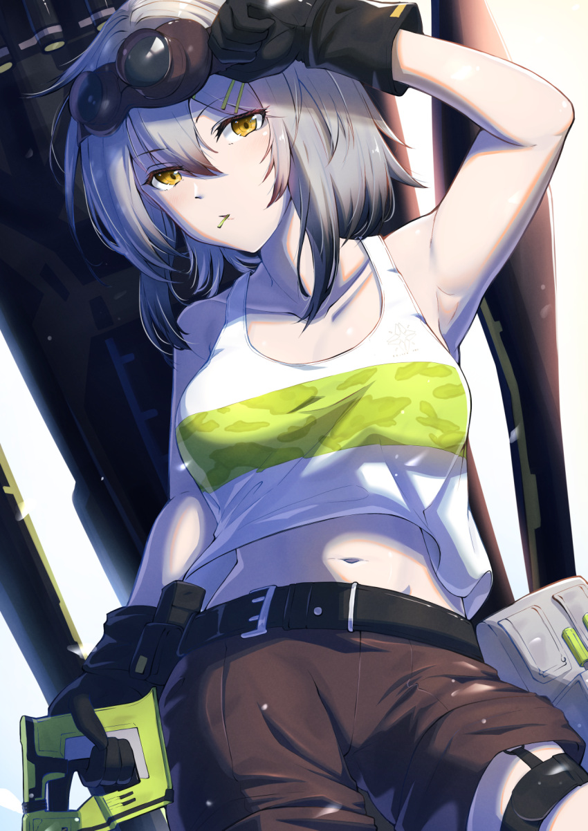 1girl bangs belt black_belt black_gloves breasts brown_shorts closed_mouth collarbone croque_(girls'_frontline_nc) eyebrows_visible_through_hair eyewear_on_head feet_out_of_frame from_below girls'_frontline_neural_cloud girls_frontline gloves grey_hair hair_ornament hairclip highres holding looking_at_viewer medium_breasts medium_hair navel safety_glasses shirt shorts simple_background solo standing white_shirt xlscaler yellow_eyes