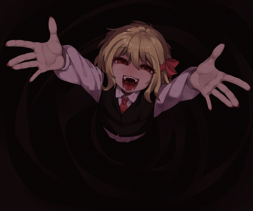 1girl ascot blonde_hair dress fangs hair_ribbon long_sleeves looking_at_viewer open_mouth outstretched_arms red_eyes red_nails red_neckwear ribbon rumia shamo_(koumakantv) shirt short_hair solo tongue touhou vest