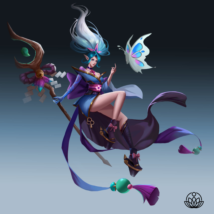 1girl absurdres bangs black_footwear blue_skin bow bug butterfly colored_skin duoduo_luo_di_guowang gradient gradient_background green_hair green_kimono grey_background hair_ornament hair_up hand_up highres holding holding_staff janna_(league_of_legends) japanese_clothes kimono knee_up league_of_legends long_hair obi pink_bow pointy_ears ponytail sash shiny shiny_hair solo staff white_hair