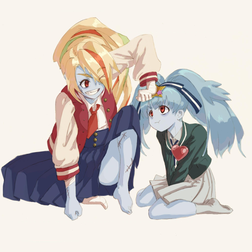 2girls :t ;) bandaged_arm bandages barefoot blonde_hair blue_skin blue_skirt closed_mouth collared_shirt colored_skin eyebrows_visible_through_hair eyes_visible_through_hair green_jacket grin hair_ornament hair_over_one_eye heart highres hoshikawa_lily jacket light_blue_hair light_green_hair long_hair long_skirt looking_at_another multicolored_hair multiple_girls necktie nikaidou_saki one_eye_closed open_clothes open_jacket orange_eyes orange_hair pleated_skirt ponytail red_necktie scar scar_on_face scar_on_leg shirt simple_background sitting skirt smile star_(symbol) star_hair_ornament streaked_hair transgender twintails v-shaped_eyebrows vaison wariza white_background zombie zombie_land_saga