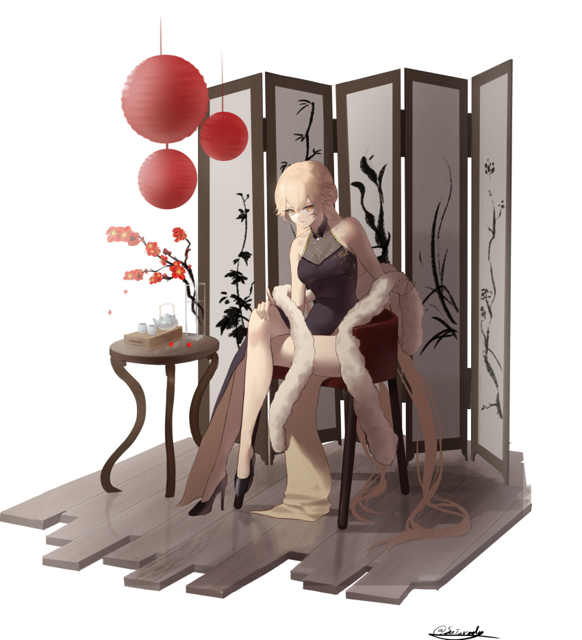 1girl bangs bare_legs bare_shoulders black_dress black_footwear blonde_hair breasts chair china_dress chinese_clothes closed_mouth covered_navel crossed_legs cup dress eyebrows_visible_through_hair floor flower full_body fur girls_frontline hand_on_own_knee high_heels highres legs long_hair looking_at_viewer medium_breasts official_alternate_costume ots-14_(girls'_frontline) ots-14_(sangria_succulent)_(girls'_frontline) petals saturndxy sitting smirk solo table teacup teapot vase very_long_hair white_background yellow_eyes