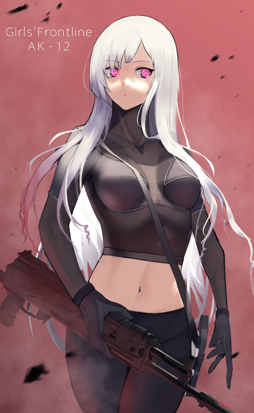 1girl ak-12 ak-12_(faint_light_of_furthest_day)_(girls'_frontline) ak-12_(girls'_frontline) bangs black_bodysuit black_gloves black_pants bodysuit breasts character_name closed_mouth collarbone copyright_name eyebrows_visible_through_hair feet_out_of_frame girls_frontline gloves gun hand_in_pocket highres holding holding_gun holding_weapon kalashnikov_rifle long_hair long_sleeves looking_at_viewer navel official_alternate_costume pants saturndxy silver_hair simple_background solo standing violet_eyes weapon