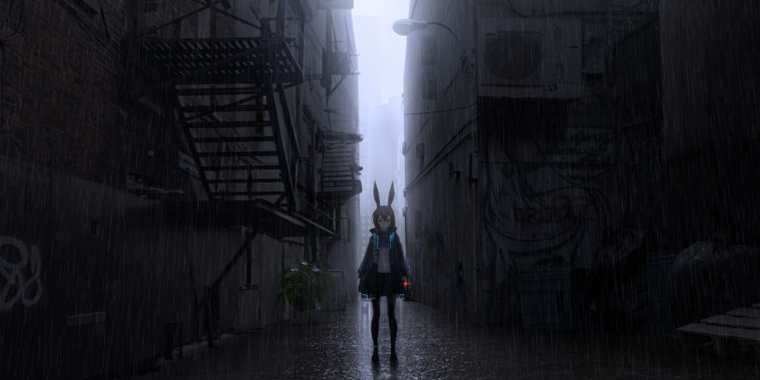 1girl alley amiya_(arknights) animal_ears arknights bencao_gangmu_(anquan_sy) black_jacket black_legwear blue_eyes brown_hair cargo_pallet closed_mouth commentary_request graffiti grey_sky hair_between_eyes highres jacket lamppost long_hair looking_at_viewer open_clothes open_jacket pantyhose plant rabbit_ears rain reflection scenery solo stairs standing