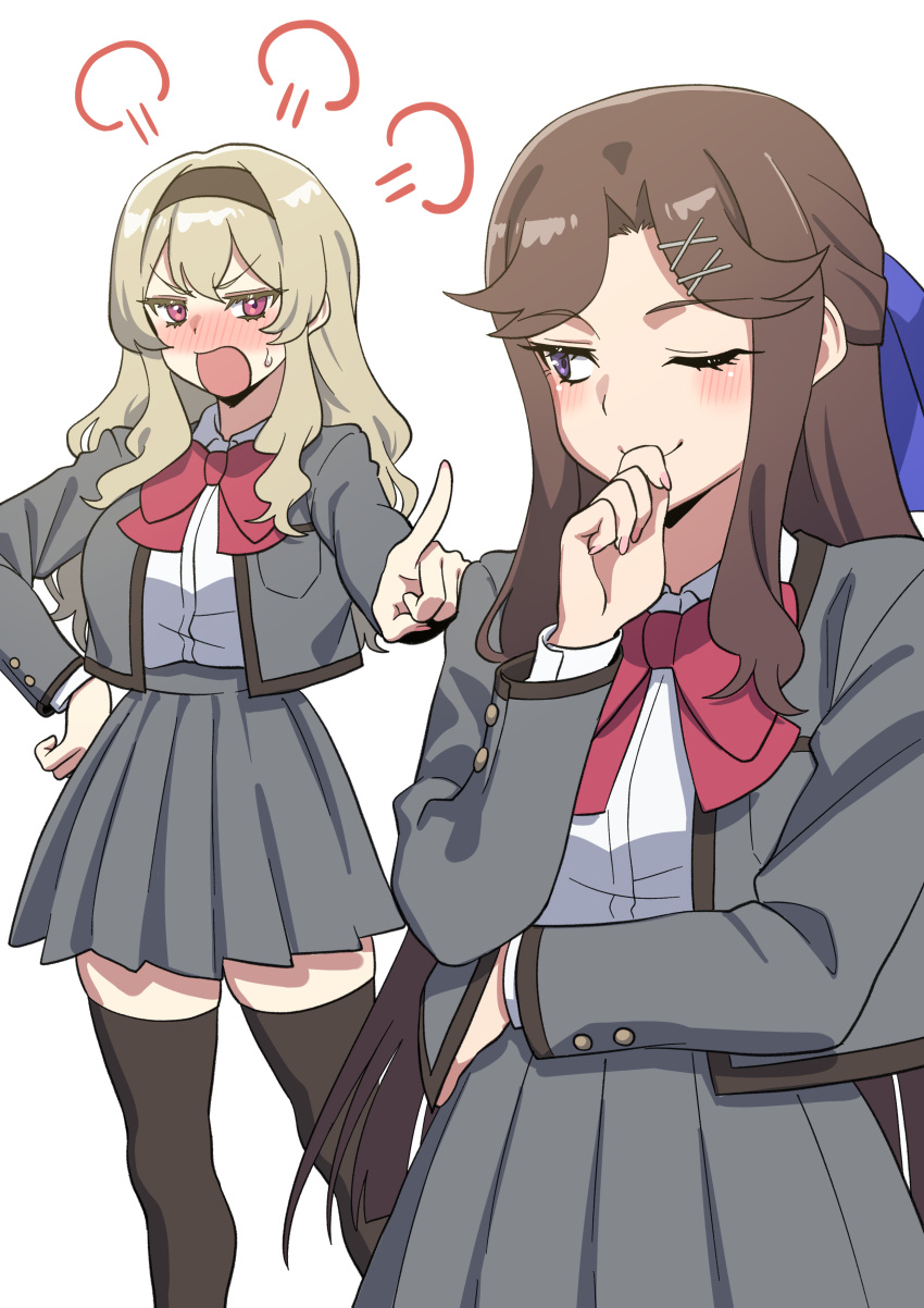 2girls ;) =3 absurdres annoyed arm_across_waist bangs black_hairband black_legwear blonde_hair blue_bow blush bow bowtie breast_pocket closed_mouth collared_shirt commentary dia_(yvirus68) eyebrows_visible_through_hair fingernails grey_jacket grey_skirt hair_bow hair_ornament hairband half_updo hand_on_hip hand_to_own_mouth hand_up high-waist_skirt highres index_finger_raised jacket long_hair long_sleeves looking_at_another looking_to_the_side miniskirt multiple_girls nose_blush one_eye_closed open_clothes open_jacket open_mouth outstretched_arm parted_bangs pink_eyes pleated_skirt pocket pointing pointing_at_another red_bow red_bowtie saijou_claudine school_uniform seishou_music_academy_uniform shirt shirt_tucked_in shoujo_kageki_revue_starlight sidelocks sideways_glance simple_background skirt smile standing sweatdrop symbol-only_commentary tendou_maya thigh-highs v-shaped_eyebrows very_long_hair violet_eyes white_background white_shirt x_hair_ornament zettai_ryouiki