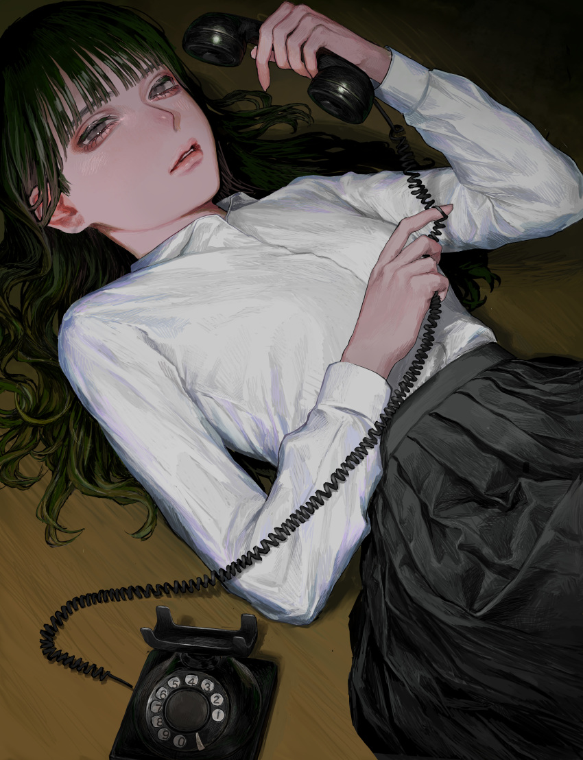 1girl absurdres bangs black_skirt blunt_bangs breasts collared_shirt commentary_request dark_background dark_green_hair dial green_hair grey_eyes highres holding holding_phone lips long_hair long_sleeves looking_at_viewer lying on_back original parted_lips phone pleated_skirt rotary_phone shirt shirt_tucked_in skirt small_breasts solo tayumeru uniform white_shirt