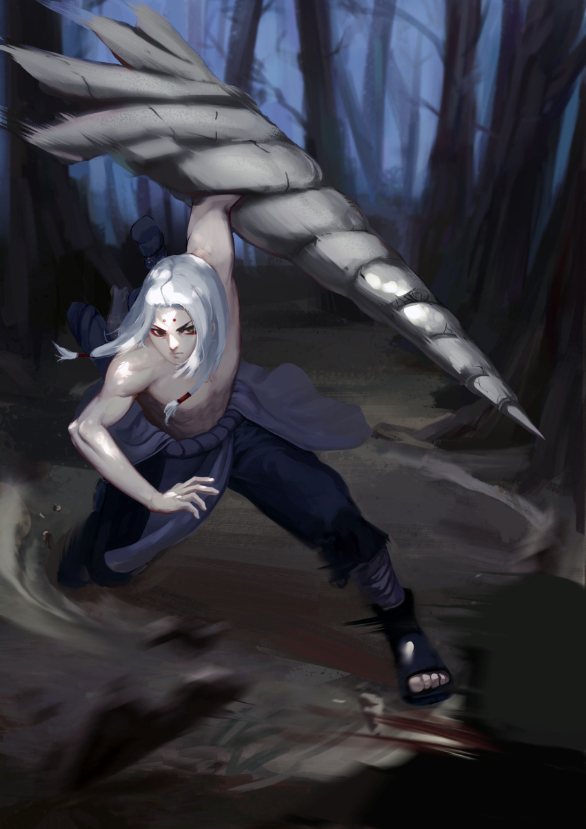 05_yao_qi 1boy absurdres bangs black_pants bone forest full_body highres kaguya_kimimaro long_hair male_focus naruto naruto_(series) nature outdoors pants rope solo toeless_footwear topless_male torn_clothes torn_pants weapon