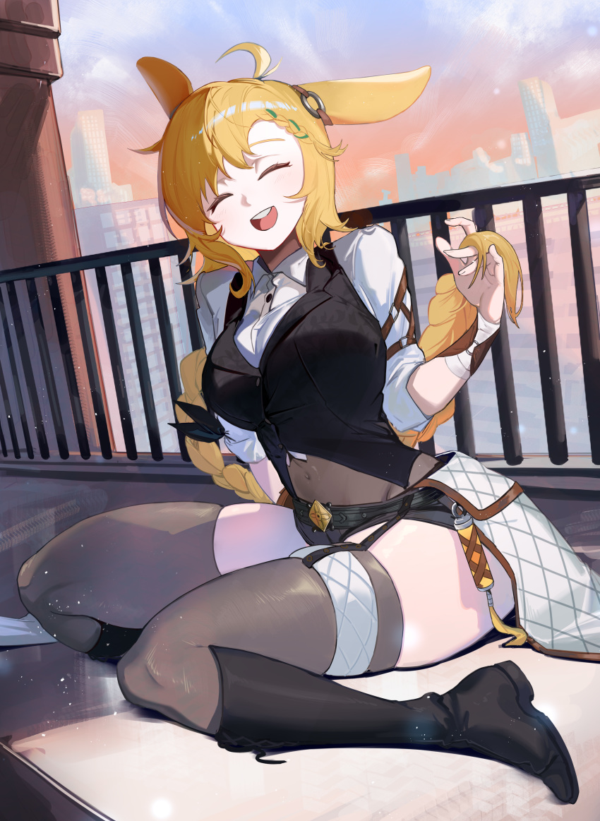 1girl :d absurdres ahoge animal_ears arknights black_footwear black_shorts black_vest blonde_hair blush boots braid breasts brown_legwear cityscape closed_eyes collared_shirt commentary_request covered_navel day facing_viewer full_body garter_straps highres holding_hands knee_boots kroos_(arknights) kroos_the_keen_glint_(arknights) large_breasts long_hair long_sleeves mare_funo official_alternate_costume on_floor open_mouth outdoors rabbit_ears railing shirt short_shorts shorts single_braid sitting skindentation smile solo thigh-highs very_long_hair vest waist_cape white_shirt