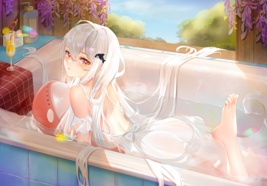 1girl absurdres ahoge arknights ass bangs bare_shoulders barefoot bathtub blush breasts chinese_commentary commentary_request cup dress drinking_glass drinking_straw feet food fruit hair_ornament highres inflatable_orca inflatable_toy large_breasts lemon lemon_slice liu_liaoliao long_hair looking_at_viewer no_hat no_headwear off-shoulder_dress off_shoulder orca_hair_ornament parted_lips red_eyes silver_hair skadi_(arknights) solo thighs very_long_hair water white_dress