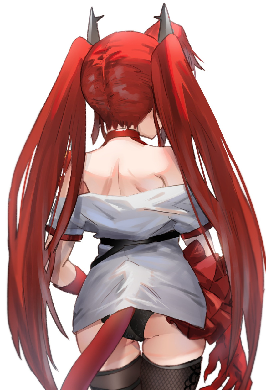 1girl arknights ass bare_shoulders black_legwear black_panties cowboy_shot elbow_gloves from_behind gloves highres horns long_hair no_pants off-shoulder_shirt off_shoulder panties raw_egg_lent red_gloves redhead shirt short_sleeves shoulder_blades simple_background solo tail thigh-highs thigh_gap toddifons_(arknights) twintails underwear very_long_hair white_background white_shirt