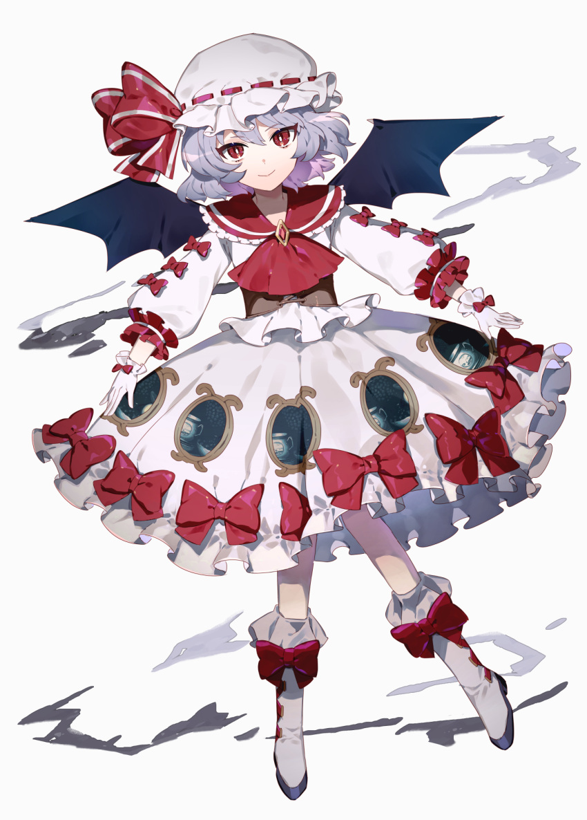 1girl ascot bangs bat_wings bow closed_mouth collarbone dress dress_bow eid eyebrows_visible_through_hair full_body gloves grey_hair hat hat_ribbon highres long_sleeves looking_at_viewer mob_cap multiple_bows red_ascot red_bow red_eyes red_ribbon remilia_scarlet ribbon short_hair simple_background smile solo touhou white_background white_dress white_footwear white_gloves white_headwear wings