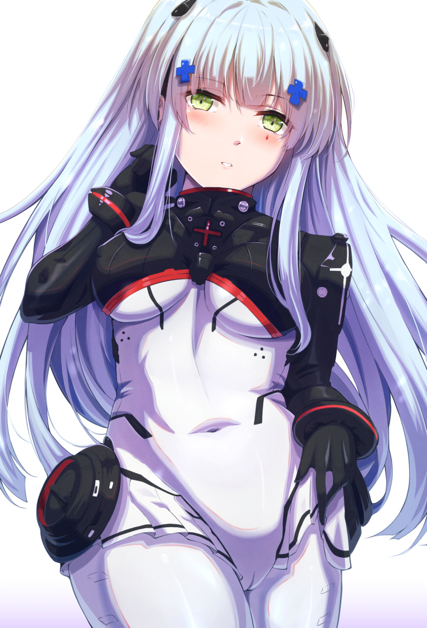 1girl bangs blush bodysuit breasts clothes_lift eyebrows_visible_through_hair feet_out_of_frame from_below girls_frontline green_eyes hair_ornament hairclip hand_in_hair highres hk416_(girls'_frontline) hk416_(midnight_evangelion)_(girls'_frontline) light_blue_hair long_hair looking_at_viewer medium_breasts skirt skirt_lift solo standing teardrop_facial_mark teardrop_tattoo white_background xlscaler