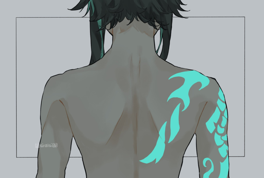 1boy arm_tattoo back back_tattoo black_hair commentary_request genshin_impact green_hair grey_background highres male_focus multicolored_hair shiraishi_(siraisi00) simple_background solo tattoo topless_male twitter_username xiao_(genshin_impact)