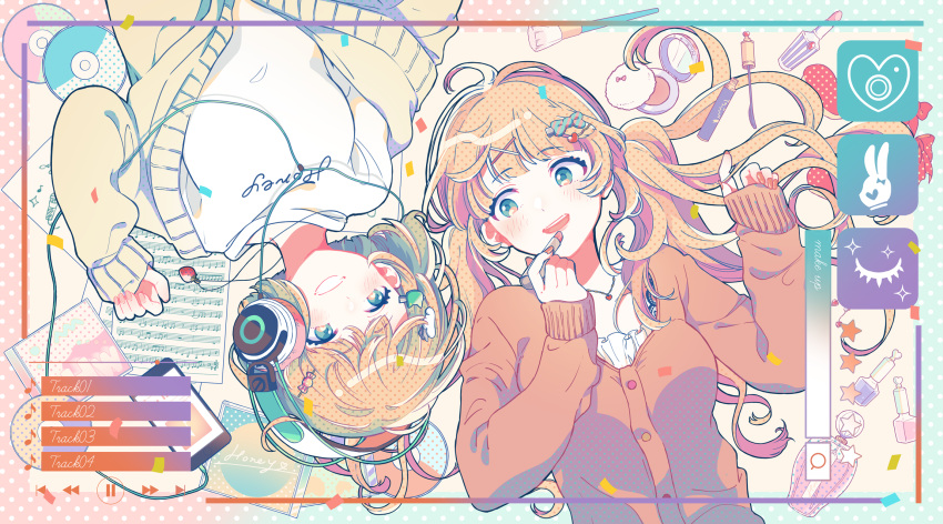 2girls ahoge applying_makeup aqua_eyes bangs blonde_hair blue_eyes blunt_bangs blush border buttons candy_hair_ornament cardigan cat_hair_ornament cd cd_case commentary_request compact_(cosmetics) confetti eighth_note eyebrows_visible_through_hair fingernails food-themed_hair_ornament frills grin hair_ornament hair_spread_out hairclip headphones heart heart_hair_ornament heart_necklace highres honeyworks jewelry kokuhaku_jikkou_iinkai lipgloss long_hair long_sleeves looking_at_another lying makeup_brush messy_hair mikkun_04 multiple_girls musical_note nail_polish narumi_mona narumi_sena necklace on_back open_cardigan open_clothes open_mouth orange_cardigan polka_dot polka_dot_background sheet_music shirt short_hair siblings sisters sleeves_past_wrists smile strawberry_necklace t-shirt twintails upper_body upside-down user_interface white_shirt x_hair_ornament yellow_cardigan