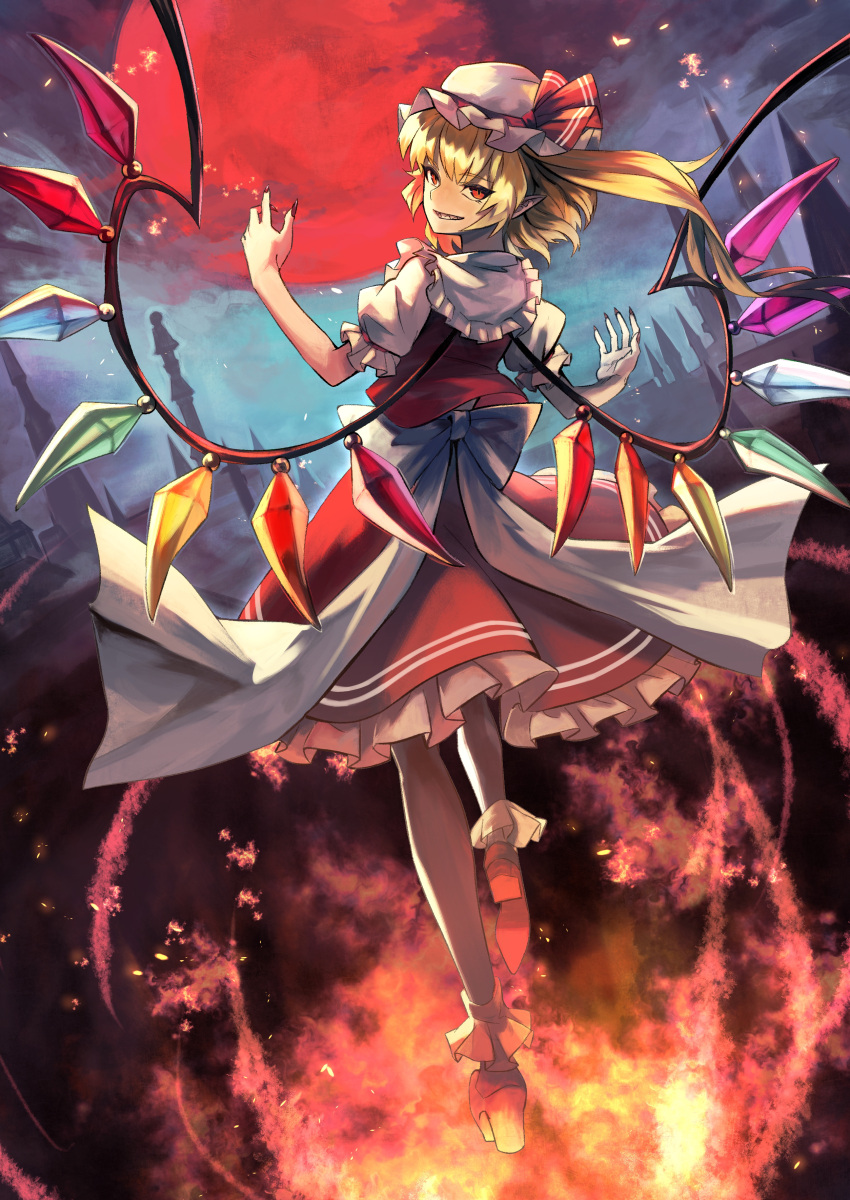 1girl absurdres back_bow bangs blonde_hair bow clouds cloudy_sky commentary_request crystal embers evil_grin evil_smile eyelashes fingernails flandre_scarlet floating frilled_skirt frills full_body grin hat hat_bow hat_ribbon high_heels highres looking_at_viewer looking_back mob_cap moon night one_side_up open_mouth pointy_ears puffy_short_sleeves puffy_sleeves red_bow red_eyes red_moon red_nails red_ribbon red_skirt red_vest ribbon sash sharp_fingernails shiny shiny_hair short_hair short_sleeves skirt sky smile socks solo teo_(telo_ruka) touhou vest white_headwear white_legwear white_sash wings