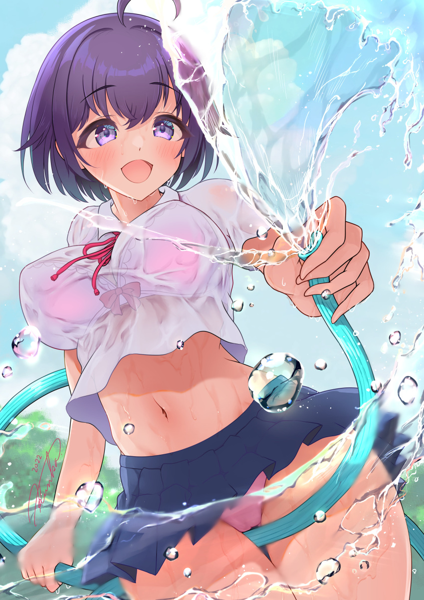 1girl absurdres ahoge bangs between_thighs blue_skirt blush bra bra_visible_through_clothes breasts clothes_lift clouds collared_shirt commentary_request crop_top day eyebrows_visible_through_hair hair_between_eyes highres holding holding_hose hose kunka_smellher large_breasts looking_at_viewer midriff moe2022 navel open_mouth original outdoors panties pink_bra pink_panties pleated_skirt purple_hair see-through shirt short_hair signature skirt skirt_lift sky smile thighs tree underwear violet_eyes water_drop wet wet_clothes wet_shirt white_shirt