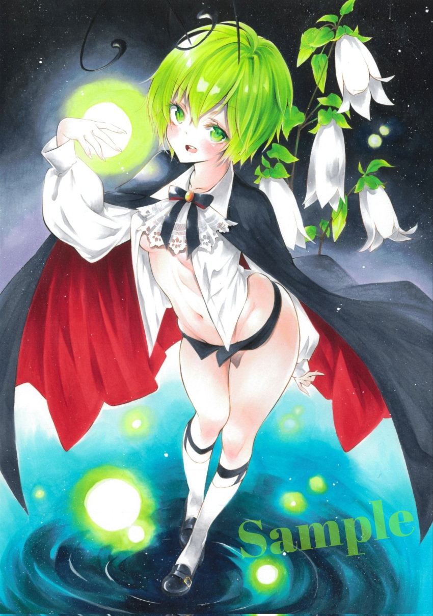 1girl arim0k0 bangs black_cape black_footwear breasts cape flower full_body green_eyes green_hair groin highres kneehighs light_particles long_sleeves looking_at_viewer navel open_clothes open_mouth open_shirt sample_watermark shirt small_breasts solo standing thighs touhou under_boob white_flower white_legwear white_shirt wriggle_nightbug