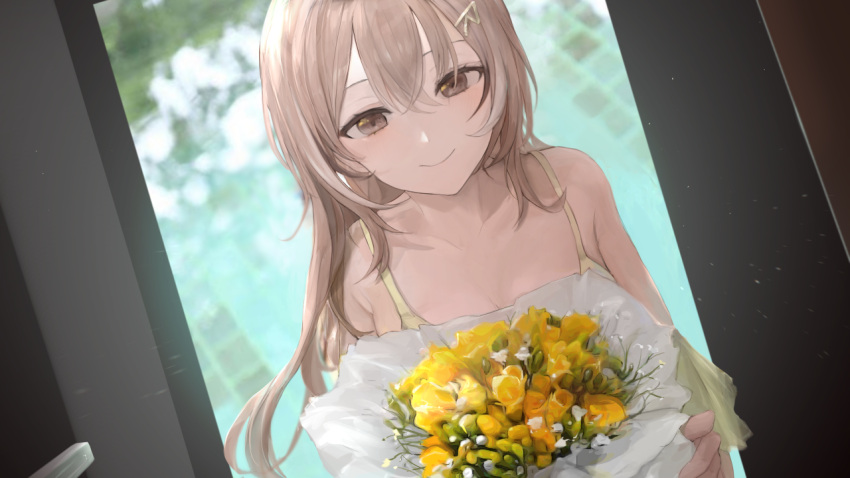 1girl alternate_costume black_hair blurry blurry_background blush bouquet breasts brown_eyes brown_hair chan1moon closed_mouth commentary doorway dress dutch_angle english_commentary flower hair_between_eyes hair_ornament hairclip holding holding_bouquet hololive hololive_english long_hair looking_at_viewer medium_breasts multicolored_hair nanashi_mumei open_door smile solo spaghetti_strap streaked_hair upper_body virtual_youtuber white_hair yellow_dress yellow_flower