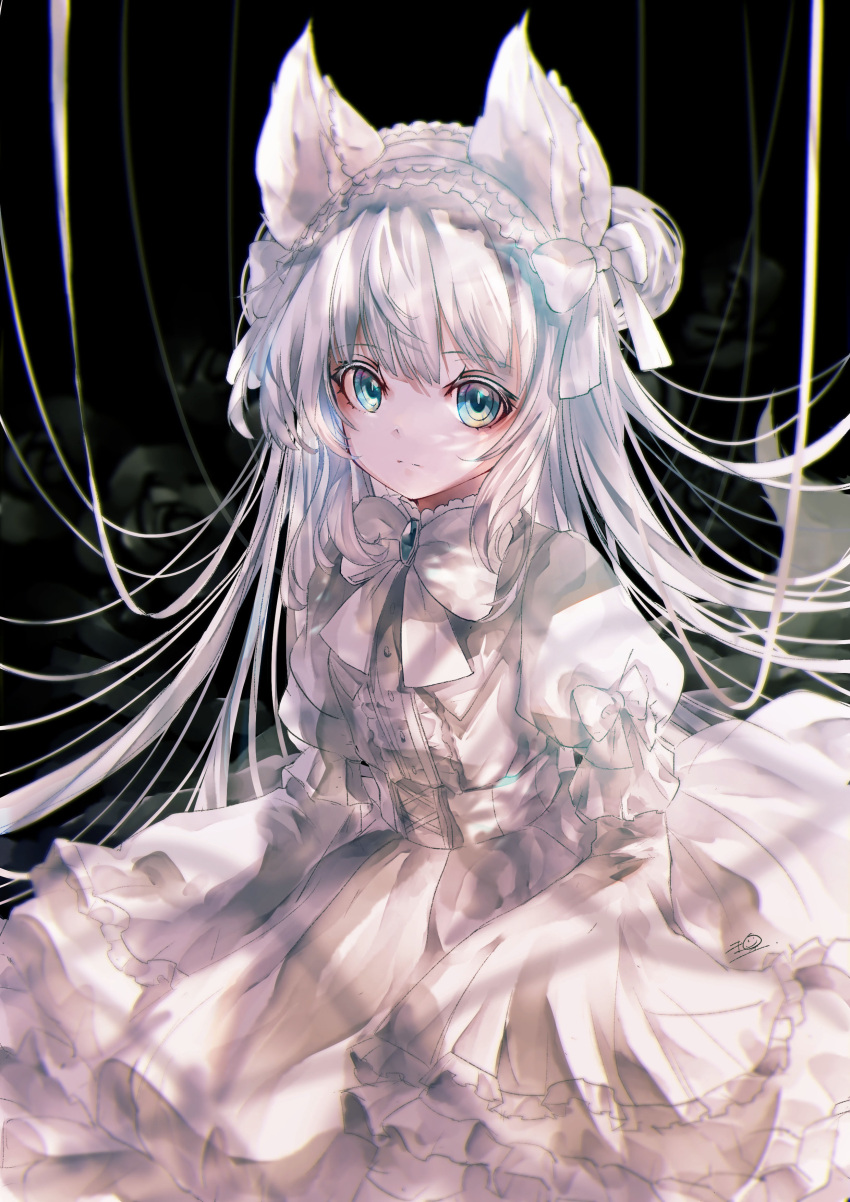 1girl absurdres animal_ears bangs blue_eyes bow_dress cat_ears cat_girl dress eyebrows_visible_through_hair frilled_dress frills hair_between_eyes highres long_dress long_hair looking_at_viewer maid_headdress original sanamisa signature sleeves_past_fingers sleeves_past_wrists solo tail very_long_hair white_dress white_hair white_theme wide_sleeves