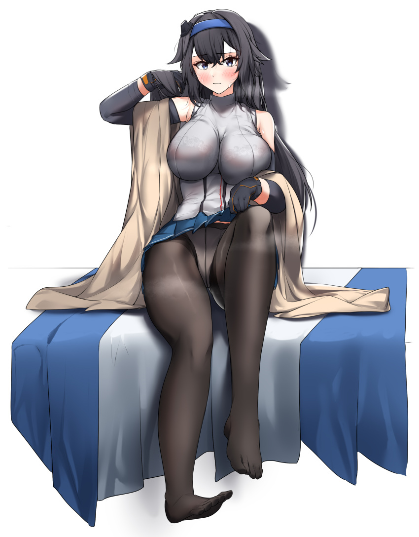 1girl absurdres arm_warmers bangs blush bra_visible_through_clothes breasts commission eyebrows_visible_through_hair full_body girls_frontline gloves hair_between_eyes hair_flaps hairband high_collar highres kaicchi large_breasts long_hair mod3_(girls'_frontline) mole mole_under_eye no_shoes off_shoulder panties panties_under_pantyhose pantyhose pleated_skirt shirt sitting skirt solo steaming_body super_sass_(girls'_frontline) sweat toes underwear very_long_hair wet wet_clothes wet_shirt white_panties