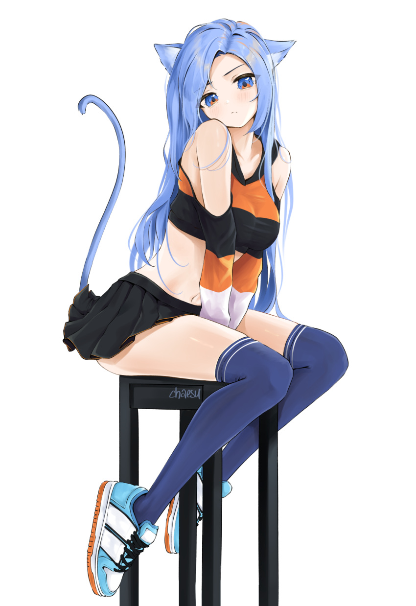 1girl animal_ears bare_shoulders blue_eyes blue_hair blue_legwear blush breasts cat_ears cat_tail chaesu highres long_hair looking_at_viewer midriff navel original pleated_skirt shoes simple_background sitting skirt sneakers solo stool tail thigh-highs white_background
