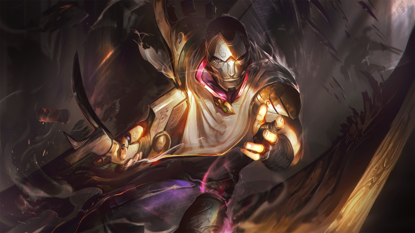 1boy 1other absurdres black_gloves black_pants black_shirt fingerless_gloves gloves gun hand_up highres holding holding_gun holding_weapon jhin league_of_legends looking_at_viewer male_focus mask pants red_eyes shirt shoulder_plates solo_focus weapon wutu_(1183238220)