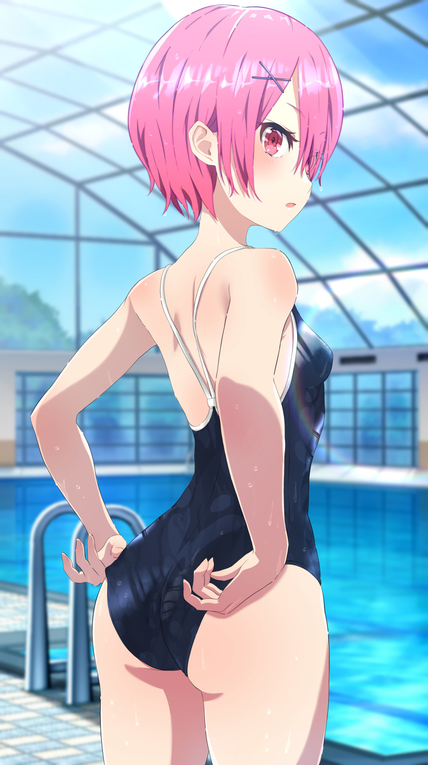absurdres adjusting_clothes ass back blush breasts camui1104 clouds day from_behind hair_ornament hair_over_one_eye hairclip highres looking_at_viewer looking_back open_mouth pink_eyes pink_hair pool ram_(re:zero) re:zero_kara_hajimeru_isekai_seikatsu school_swimsuit short_hair sky small_breasts standing swimsuit wet window