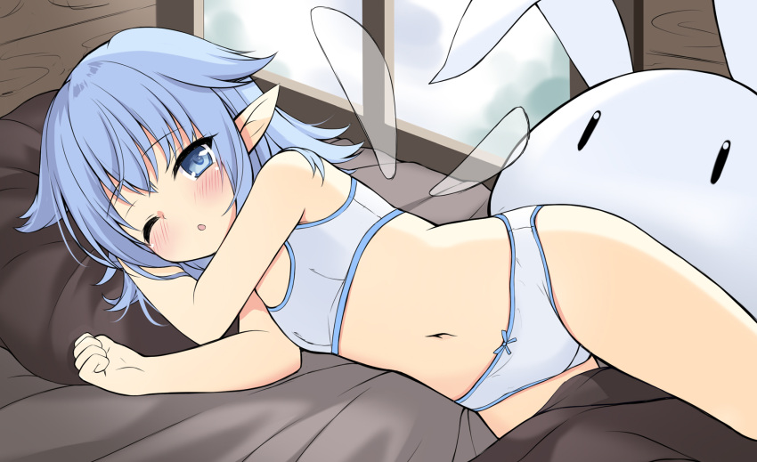 1girl ;o bangs bed blue_eyes blue_hair blush bow bow_panties bra commentary_request commission day detached_wings eyebrows_visible_through_hair flat_chest highres indoors looking_at_viewer lying on_side one_eye_closed original panties parted_lips pillow pointy_ears sakuraba_hikaru_(loveindog) skeb_commission solo stuffed_animal stuffed_bunny stuffed_toy transparent_wings underwear underwear_only white_bra white_panties window wings